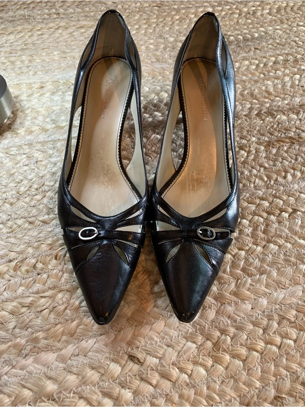 Anne Klein Black Pointed-Toe Cutout Leather Heels